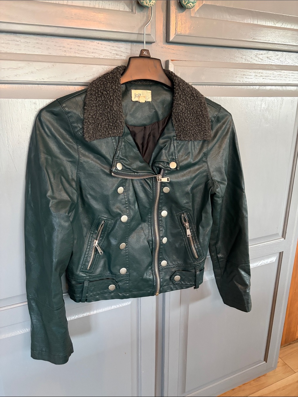 Jolt Women's Dark Green Faux Leather Moto Jacket with Brown Sherpa Collar